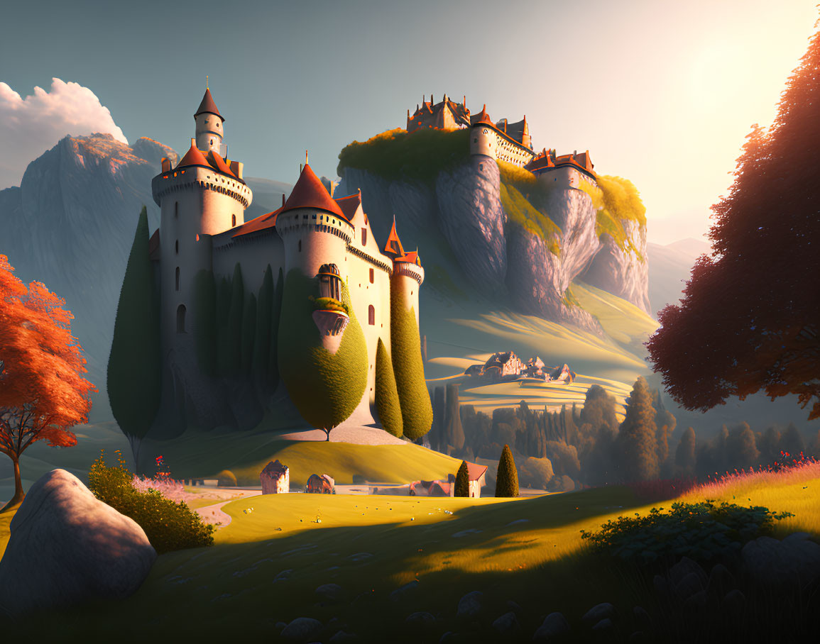 Majestic castle in serene fantasy landscape with autumnal trees