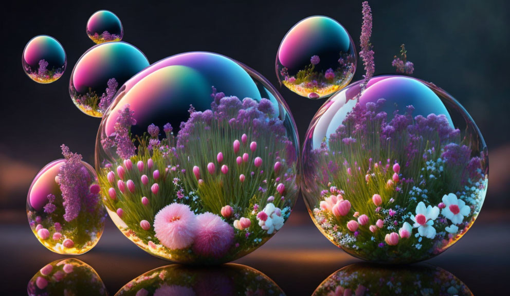Zeepbellen met mooie bloemen binnenin
