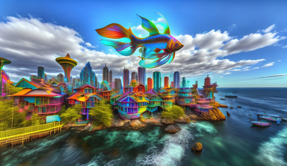 Surreal landscape with giant flying fish above colorful architecture