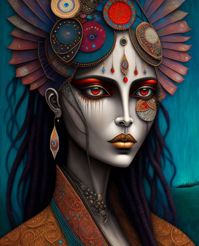 Detailed digital artwork of woman with intricate headgear, stylized makeup, and decorative earrings on blue background