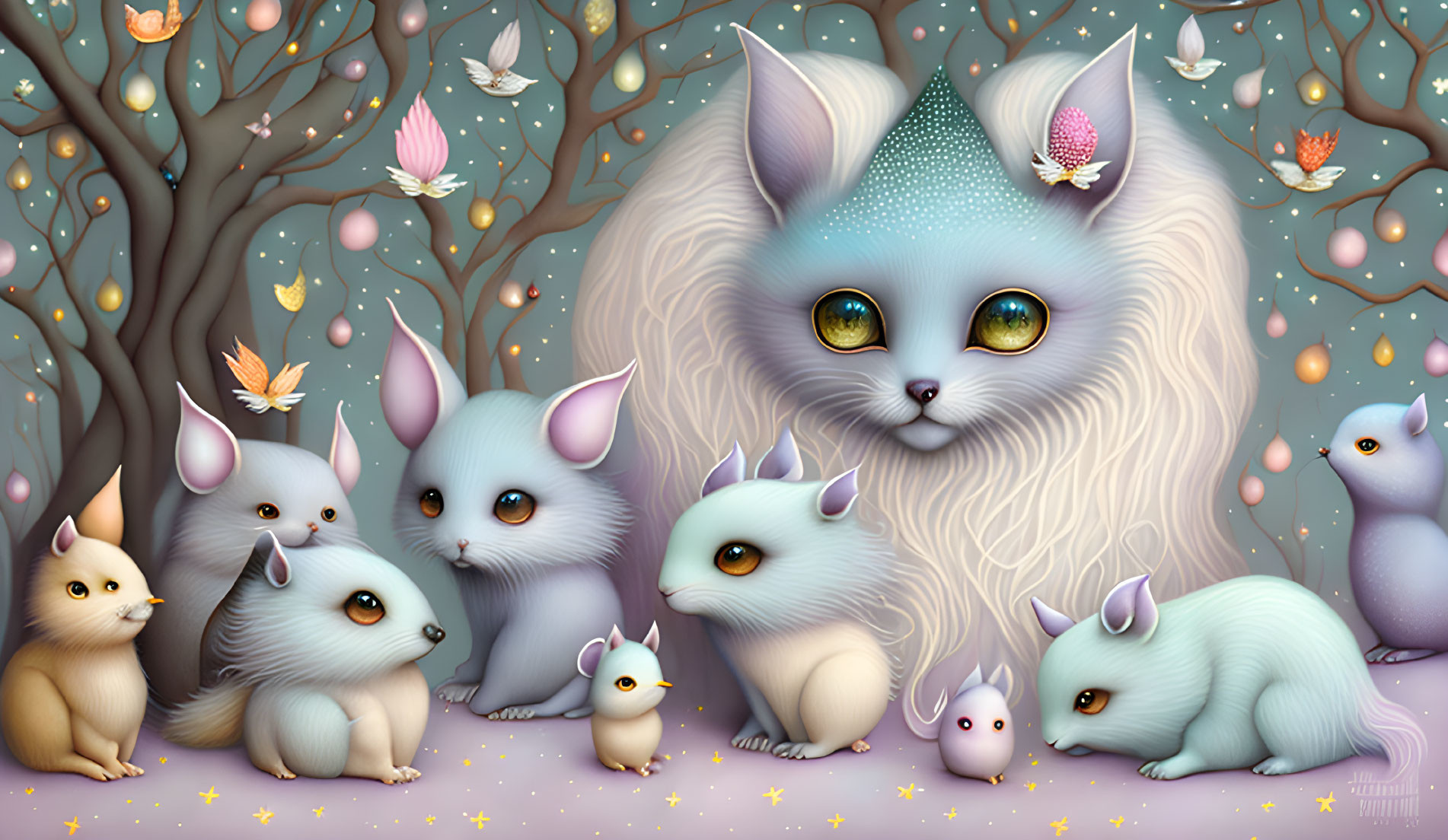 Fluffy cat-like creatures with horns in lilac and cream, amidst butterflies and glowing orbs in enchanted