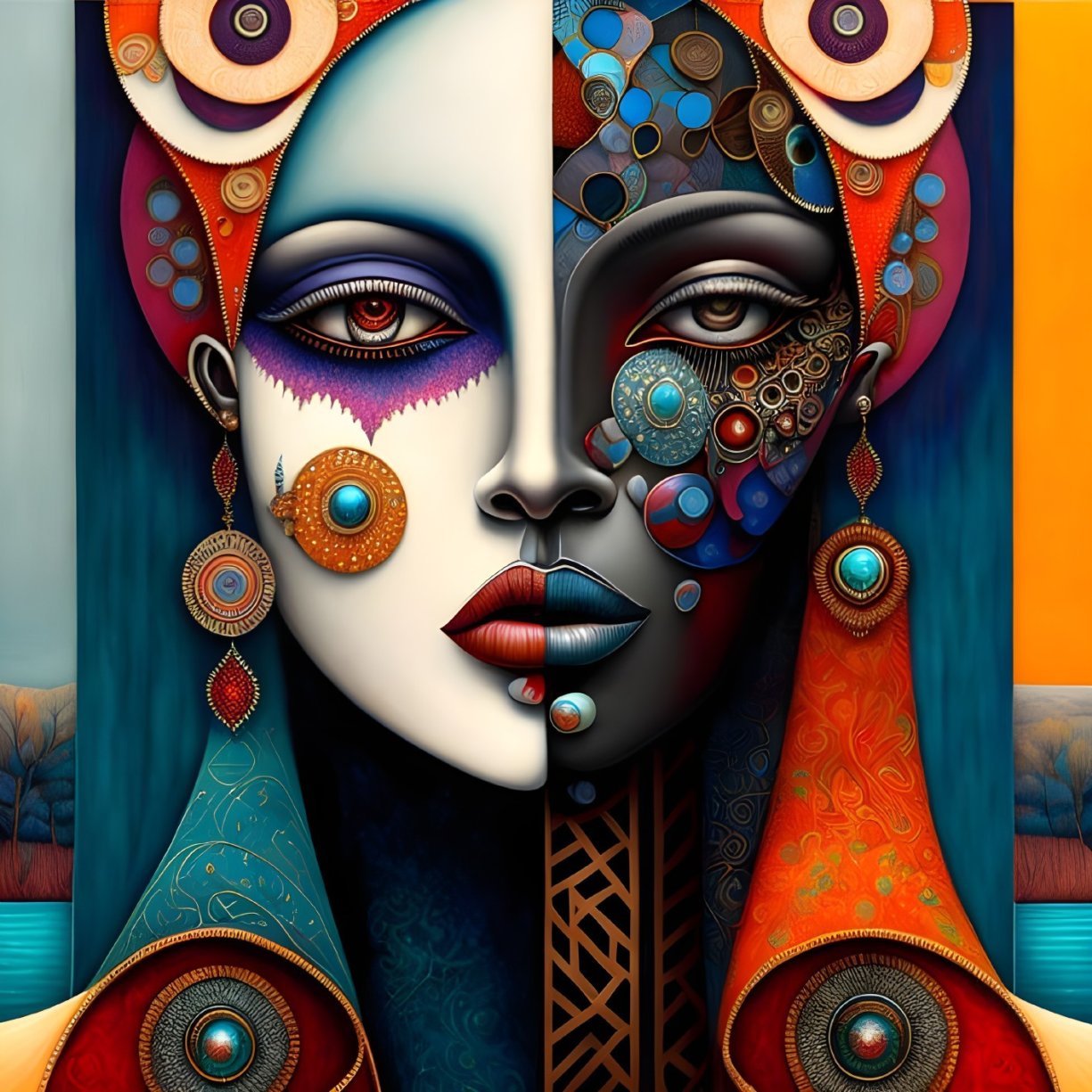 Colorful symmetrical faces with intricate patterns and jewelry in digital art