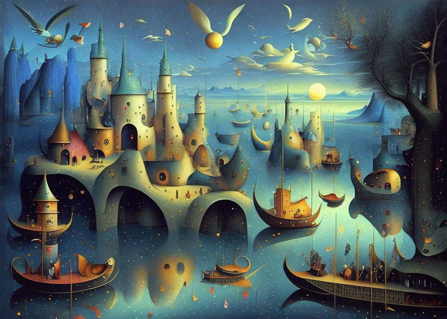 Fantastical landscape with whimsical castles and creatures