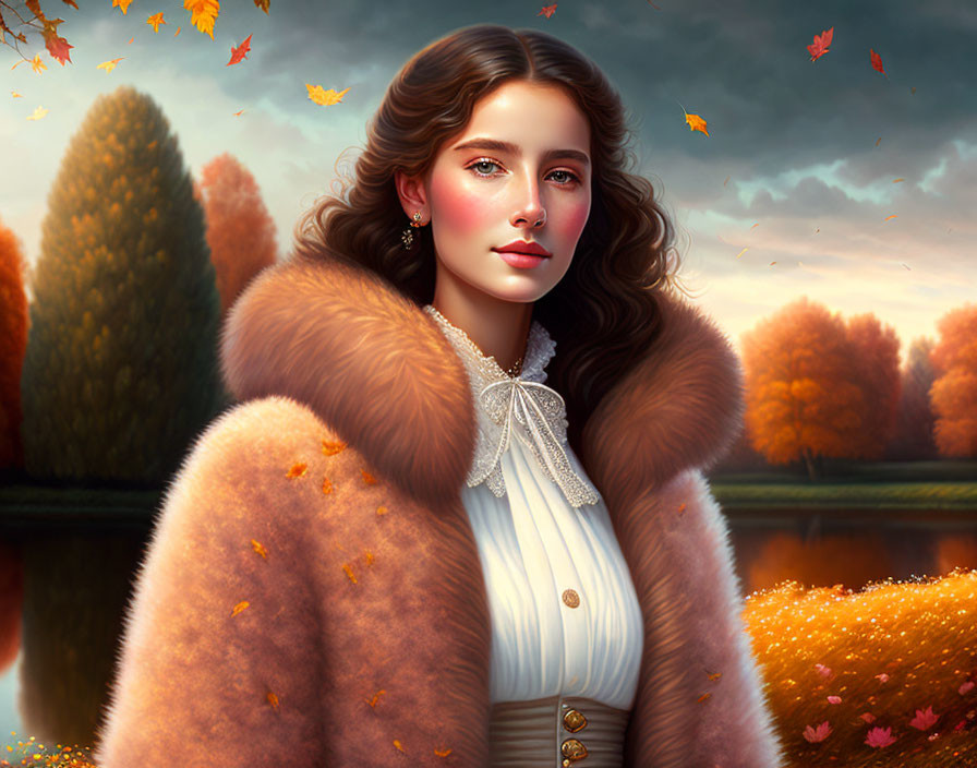 Digital Portrait: Woman with Wavy Hair & Fur Coat in Autumnal Scene