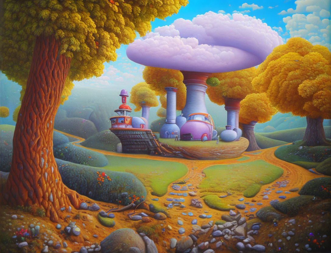 Colorful trees, whimsical buildings, and a large mushroom in a fantastical landscape