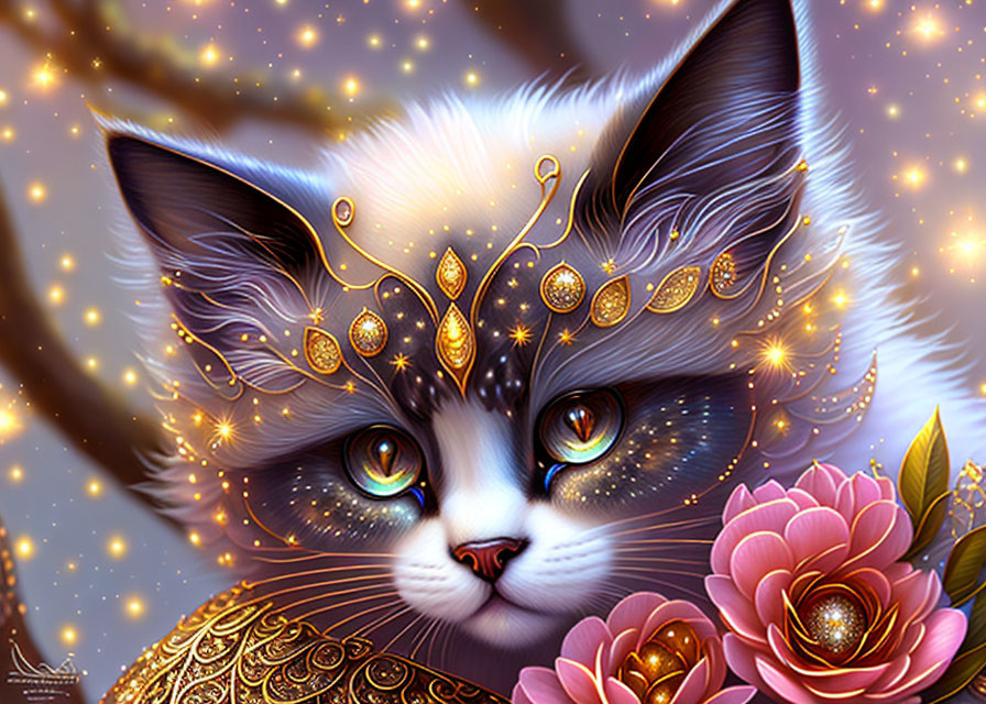 Cat with Golden Mask Surrounded by Stars and Flowers