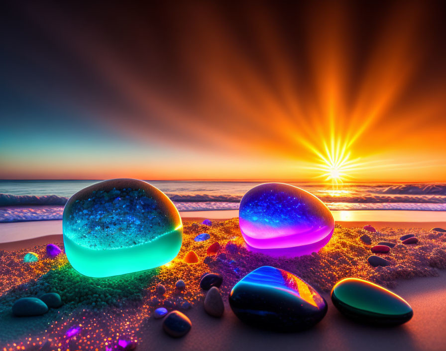 Colorful Glass Stones Reflecting Sunset on Beach