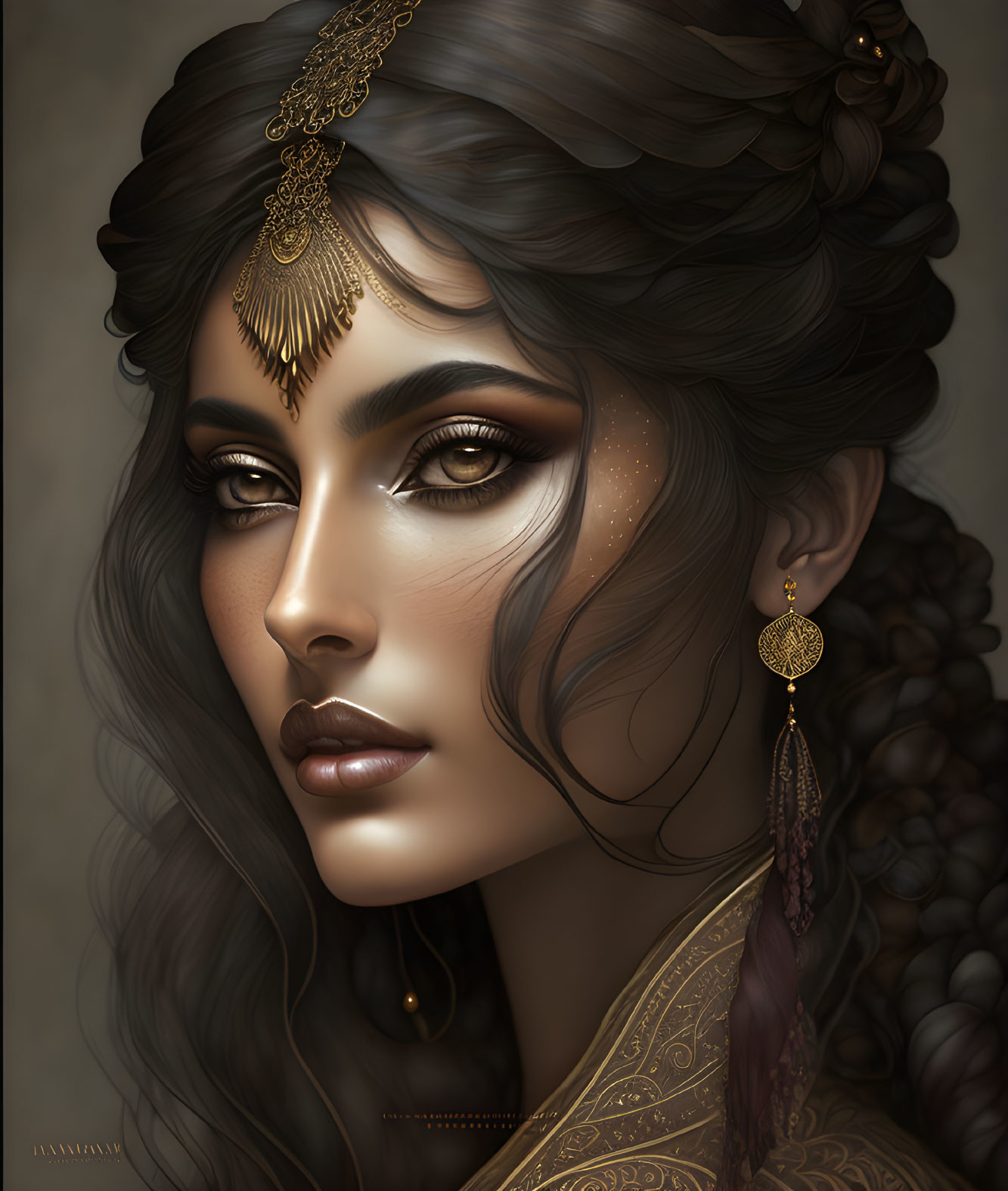 Detailed digital portrait: Woman with striking eyes, adorned in intricate gold jewelry and traditional headpiece.