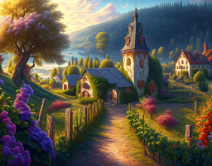 Tranquil countryside landscape with church, flowers, path, and sunset