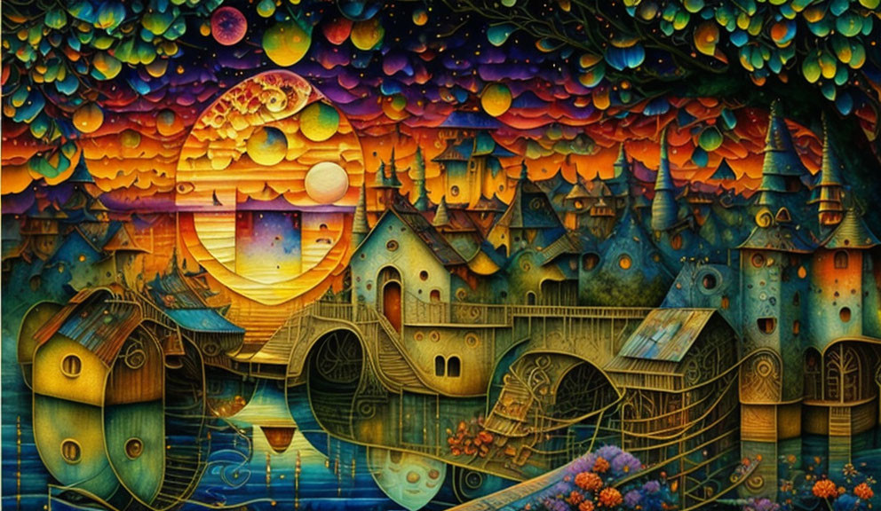 Colorful Whimsical Village Painting Under Moonlit Sky
