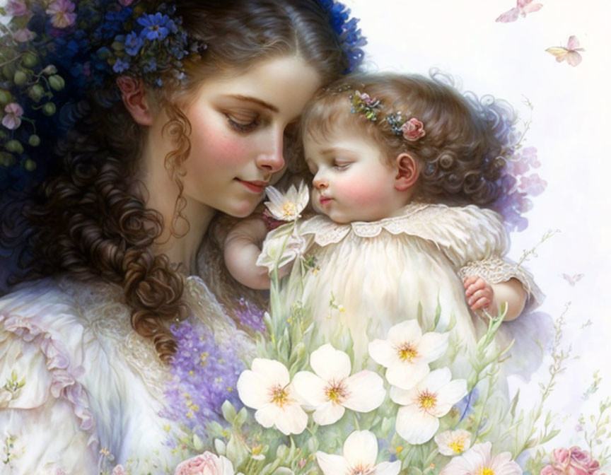 Portrait of woman with flowers embracing sleeping child in floral setting
