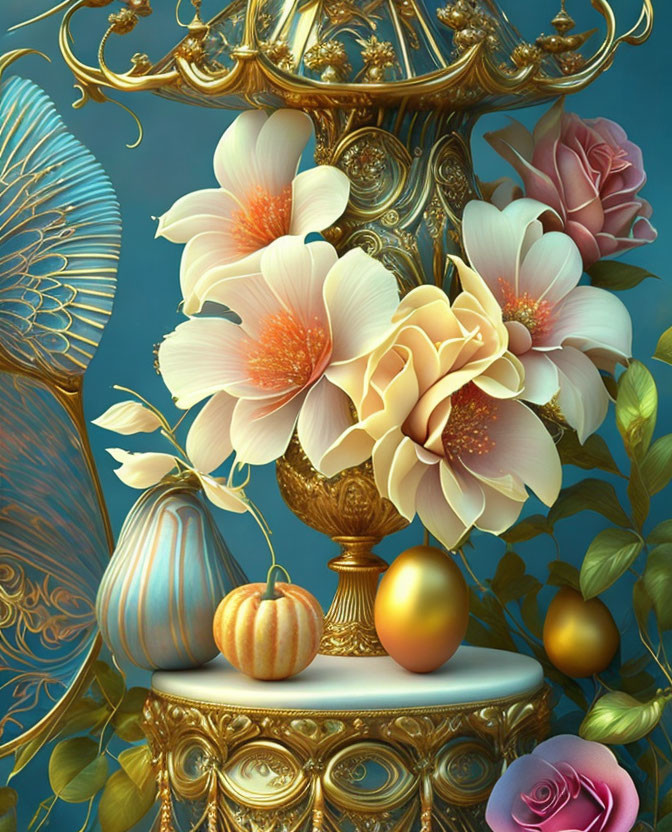Golden chandelier with flowers, leaves, pumpkin, and gold eggs on teal background