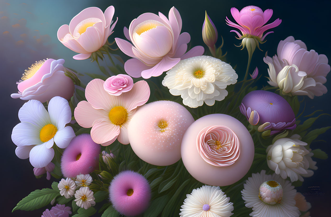 Floral digital painting with roses, daisies, and peonies in pink and white hues