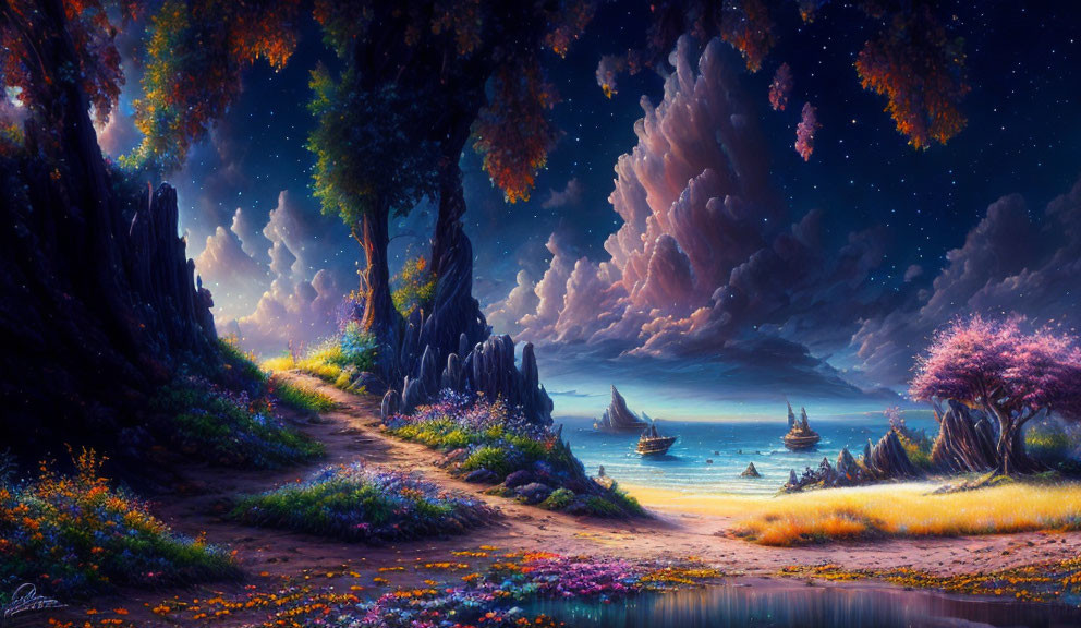 Colorful Trees, Serene Sea, and Starry Sky in Fantasy Landscape