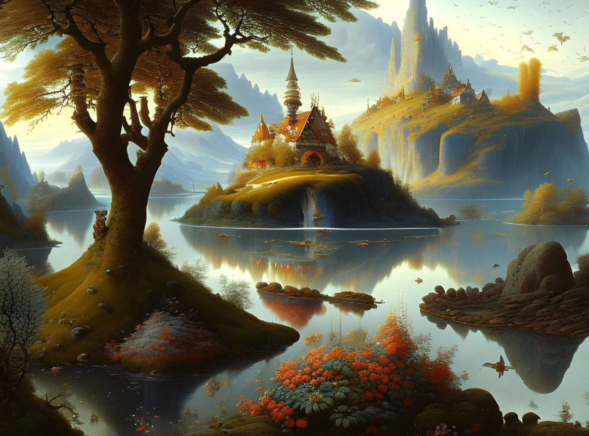 Fantasy landscape with castle on lush island, calm waters, cliffs, autumn tree