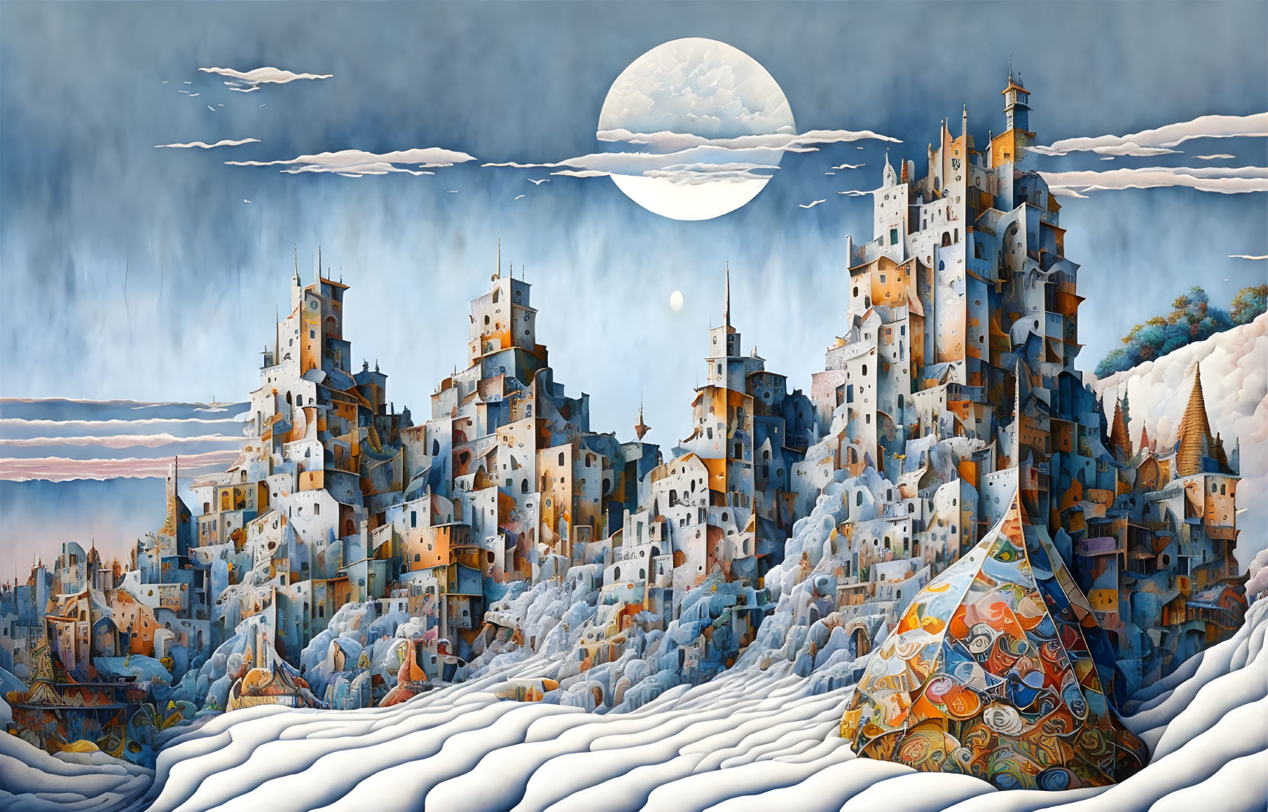 Surreal snowy landscape with multi-tiered castles under full moon