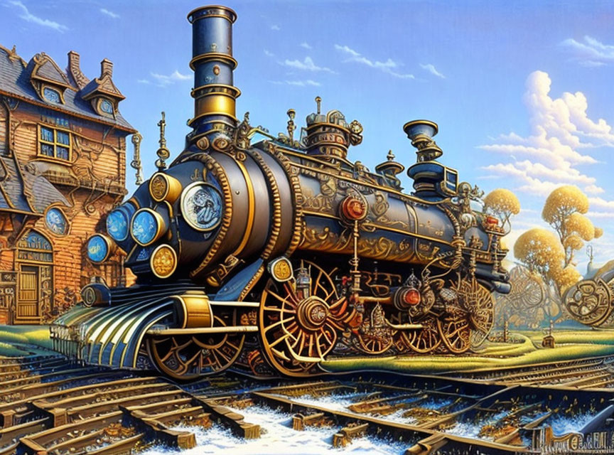 Steampunk-style train on railway with cogwheel trees under blue sky