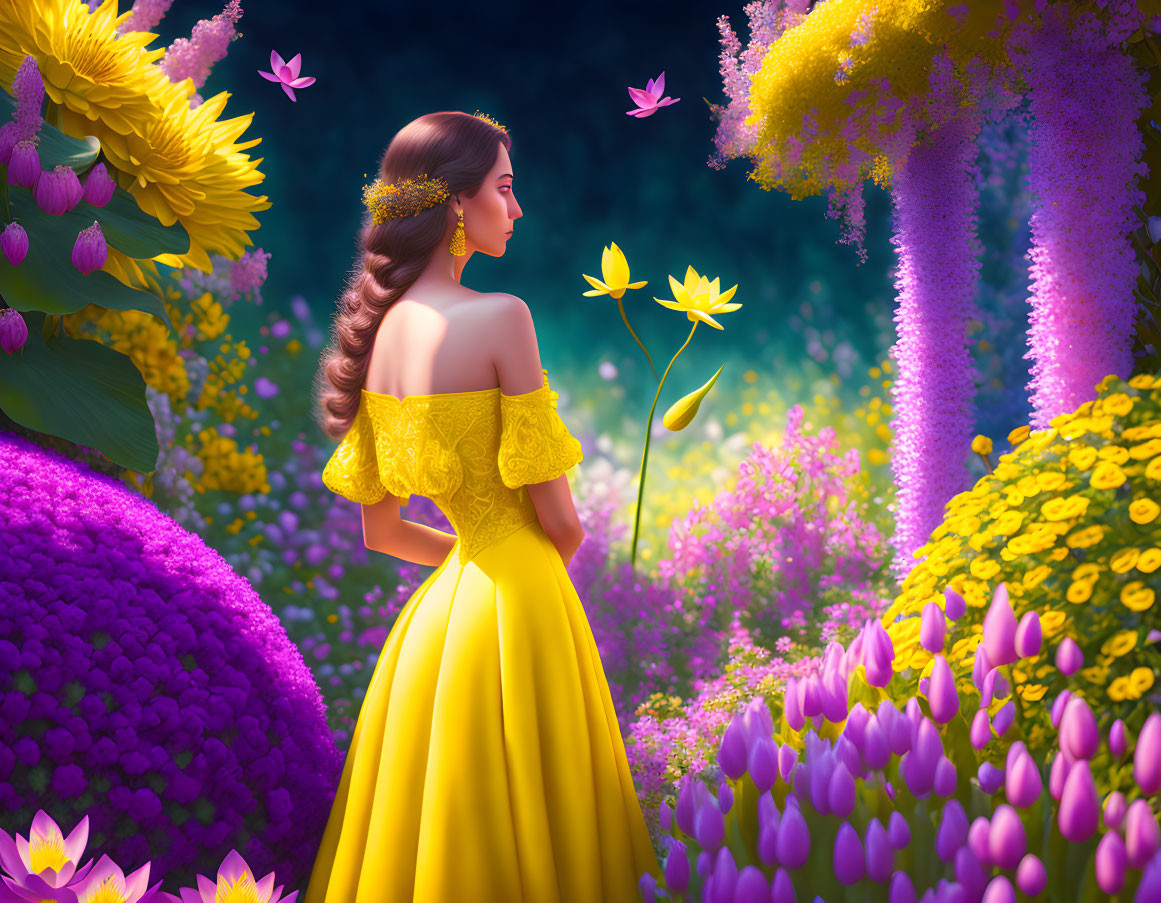 Dame in geel in een in een prachtige tuin 