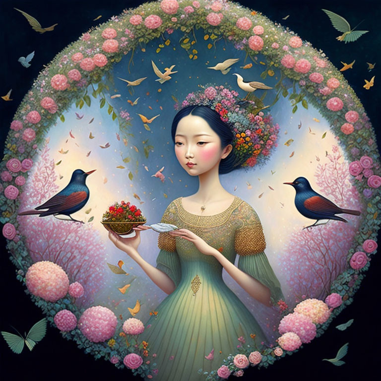 Fantasie afbeelding van vrouw met bloemen en vogel