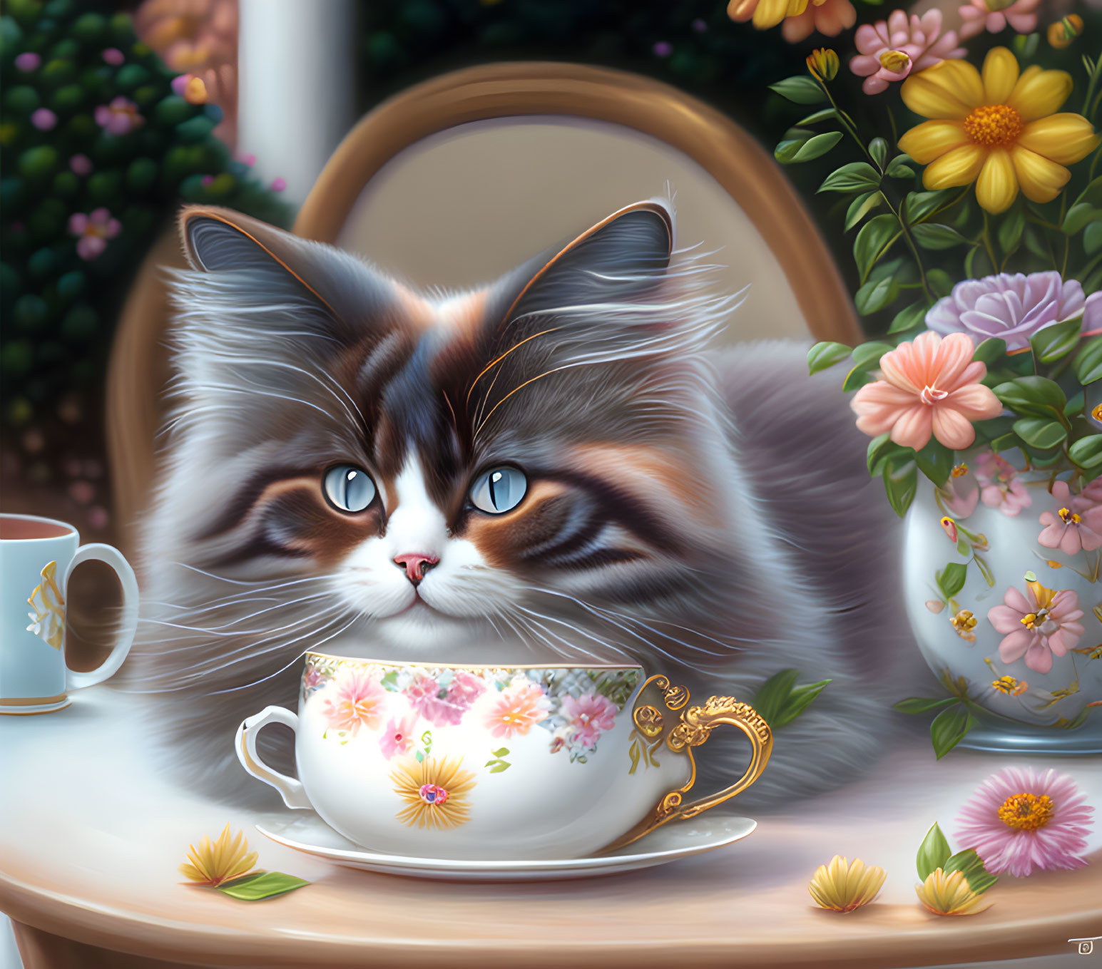 Brown and White Cat with Blue Eyes by Teacup and Flowers