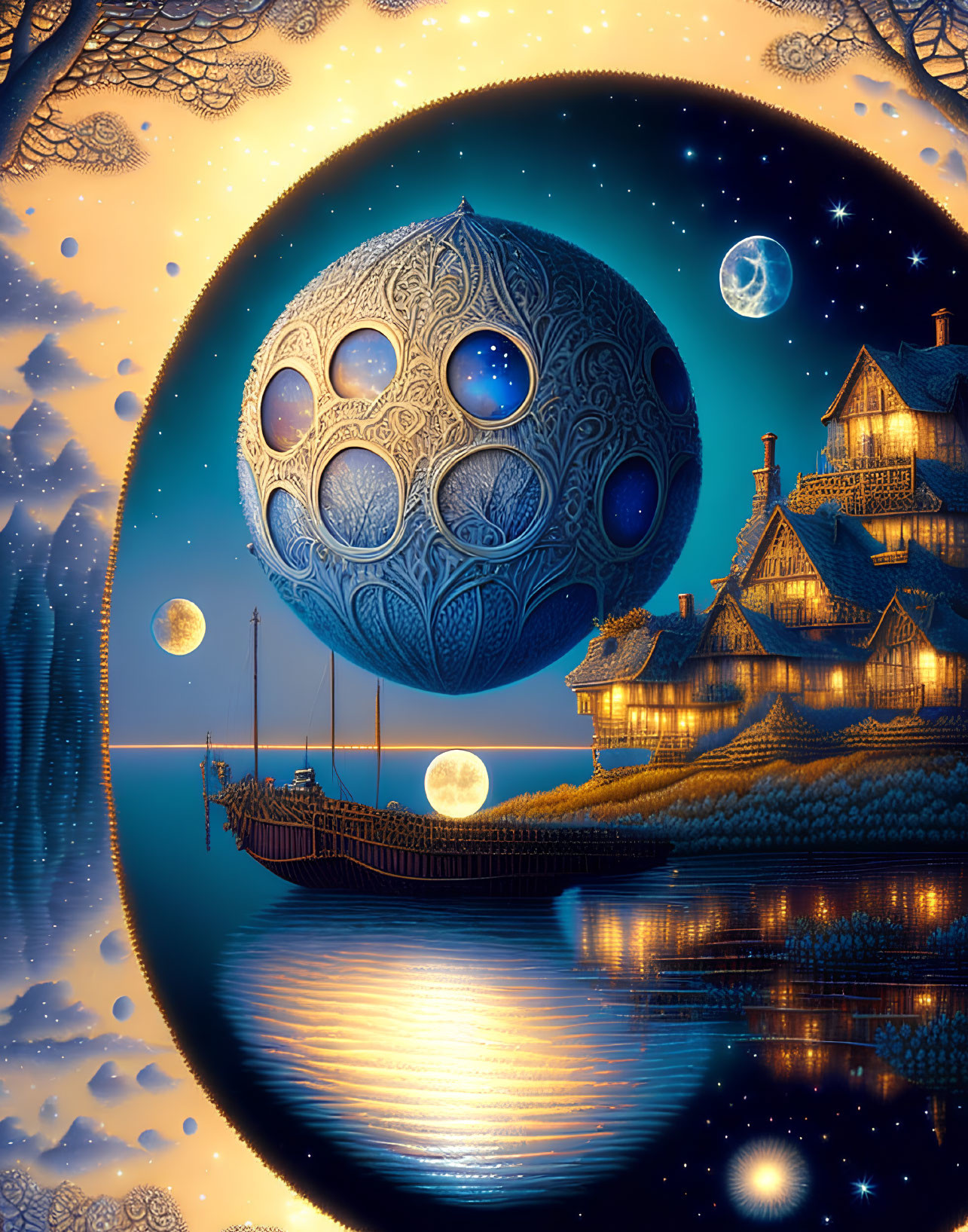 Fantastical night scene with ornate moon, ship, and houses in vibrant blue and gold hues