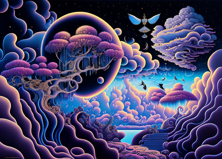 Surreal landscape with purple trees, floating islands, and moonlit sky