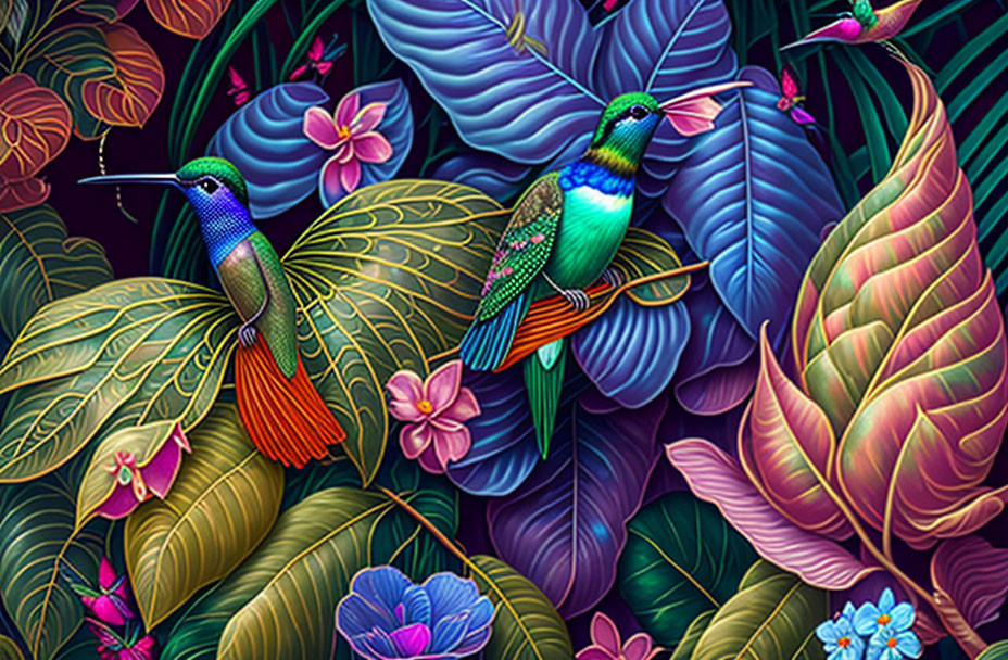 Detailed Illustration of Two Hummingbirds Amid Tropical Plants
