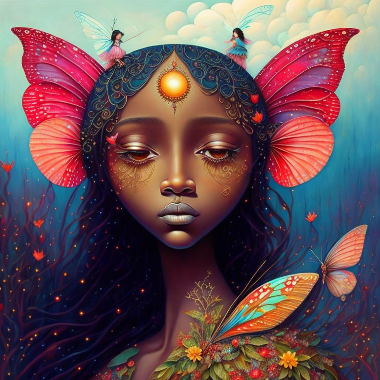 Colorful artwork of woman with butterfly wings and flowers in rich hues