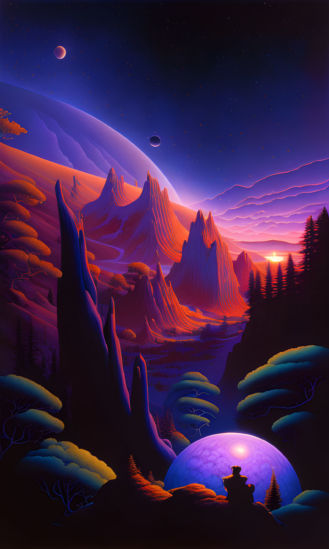 Surreal landscape digital art: mountains, orb, trees, starry sky, two moons