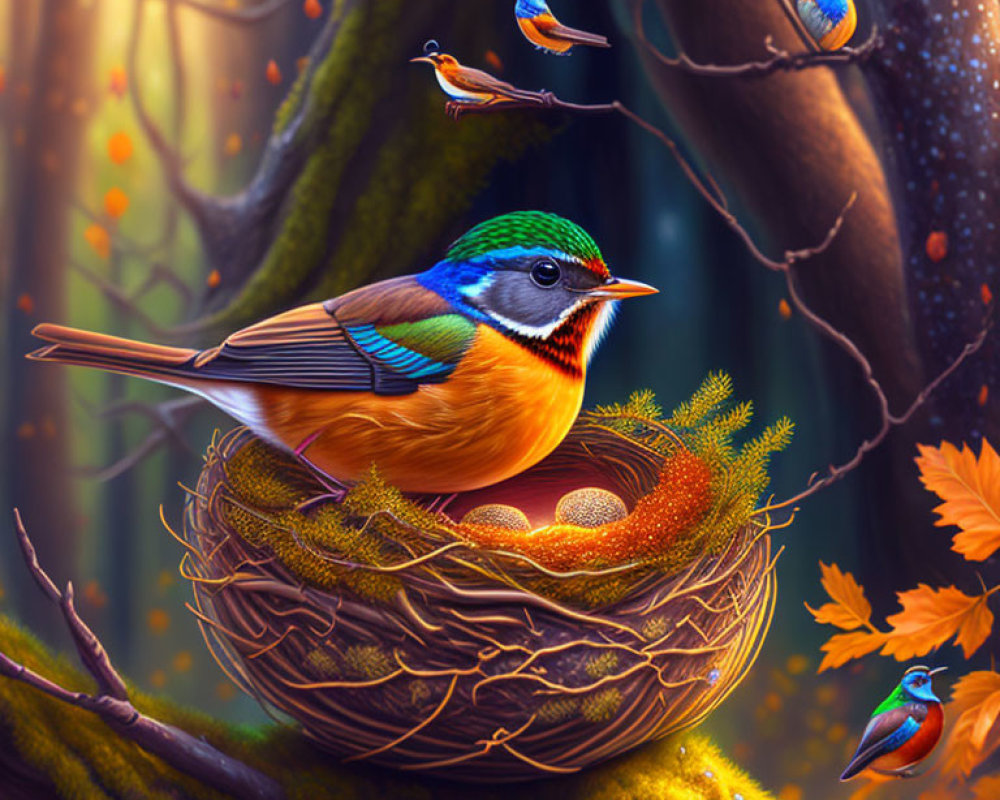 Colorful Bird Nest in Magical Forest Scene with Eggs and Small Birds
