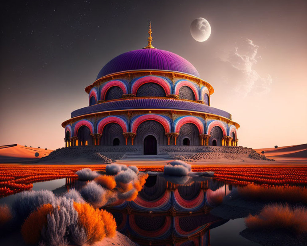 Purple Dome Mosque in Desert Oasis at Moonlit Night