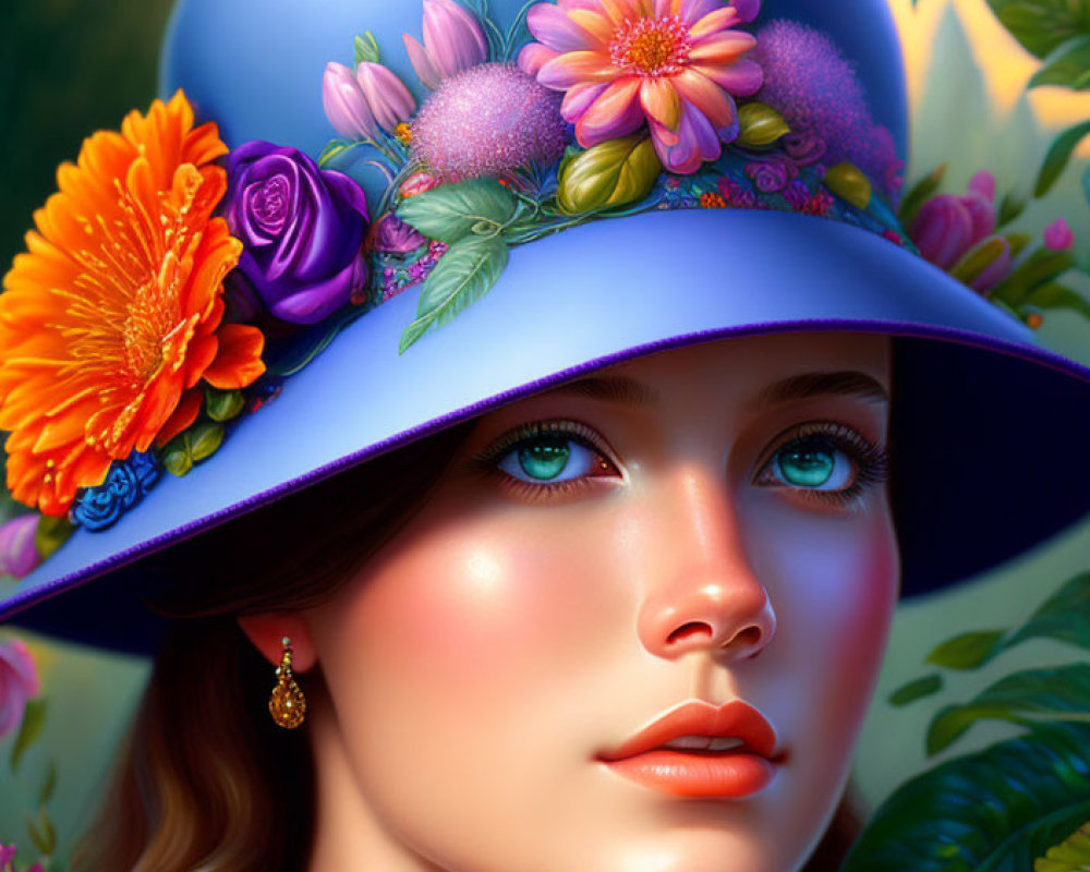 Portrait of woman with flawless skin in blue hat with vibrant flowers, surrounded by green foliage and pink roses