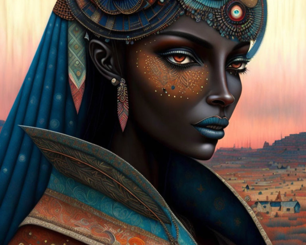 Digital artwork featuring woman with dark skin, elaborate headpiece, blue lips, traditional face paint in African