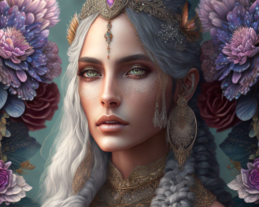 Portrait of woman with silver hair, freckles, golden jewelry, and purple flowers.