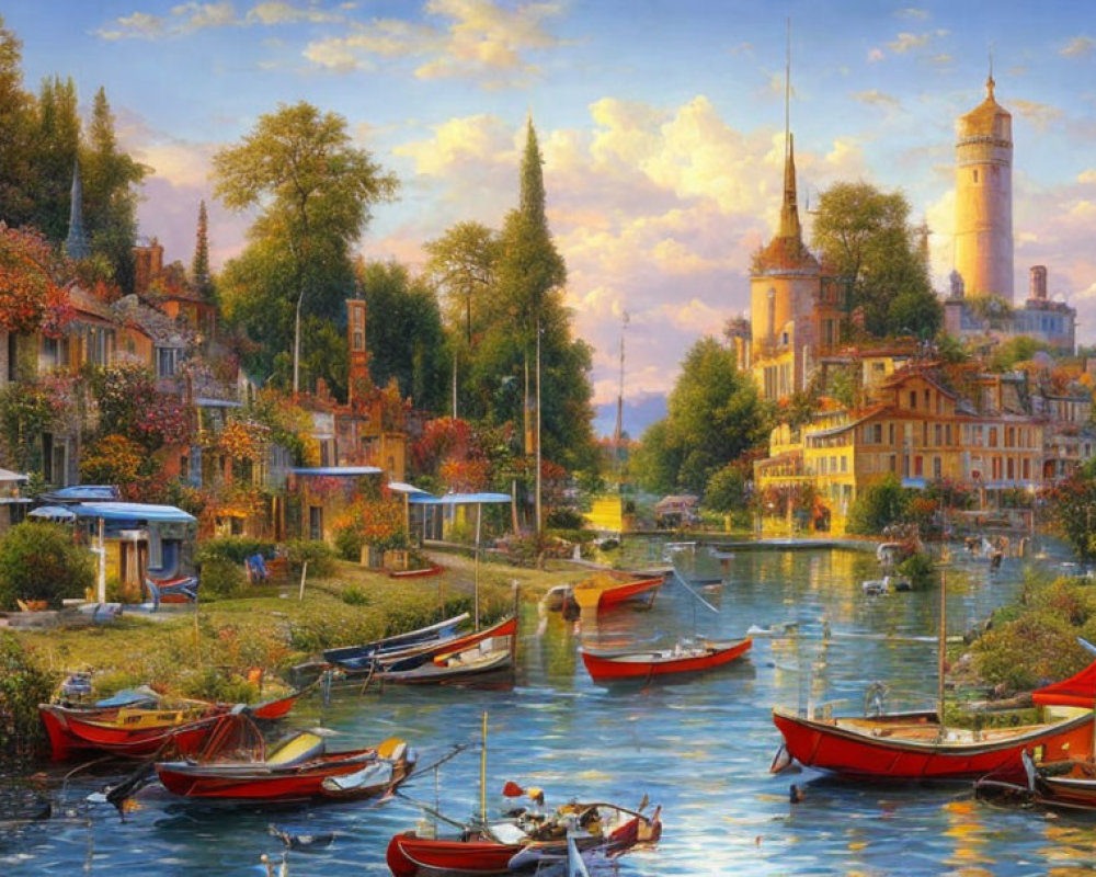 Tranquil river scene with moored boats, colorful buildings, lush greenery, and distant tower