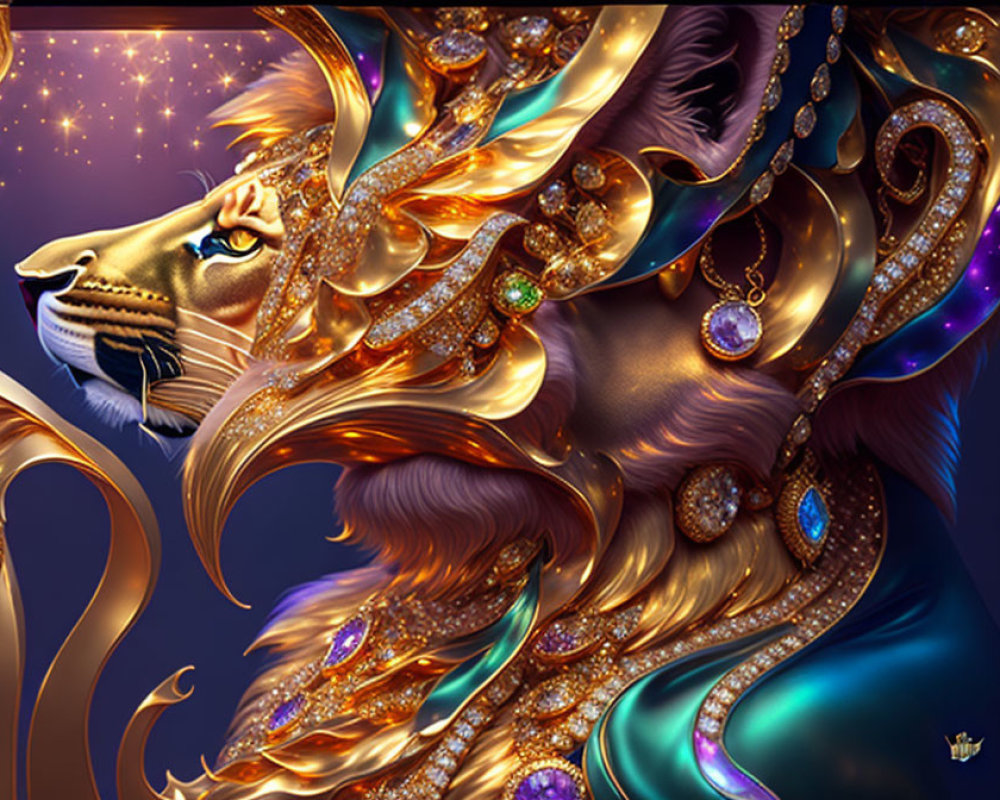 Jeweled lion with majestic mane on cosmic background