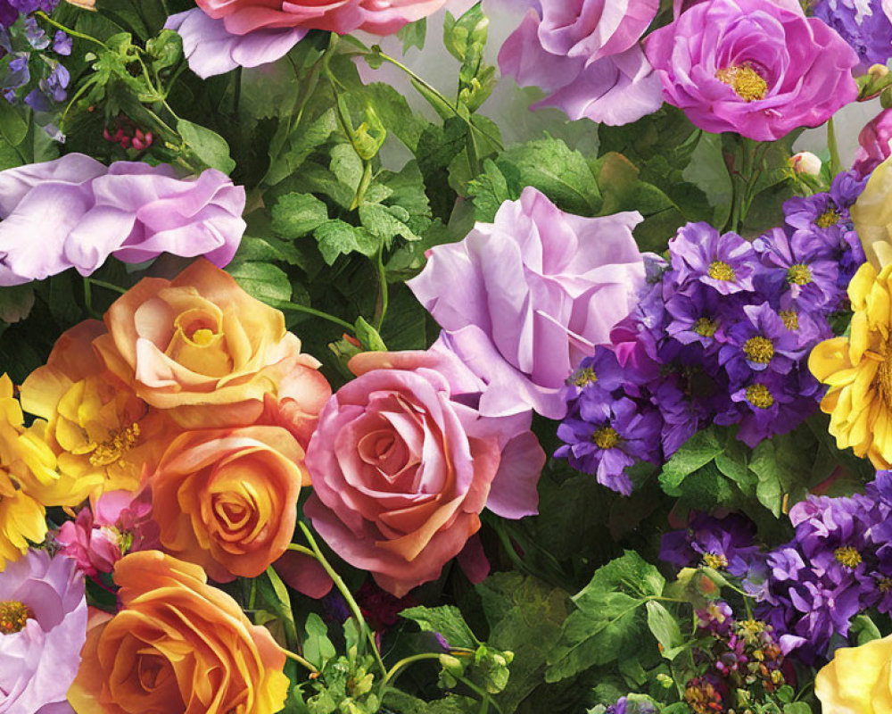 Colorful Flower Arrangement with Pink Roses, Yellow Blooms, and Purple Petals