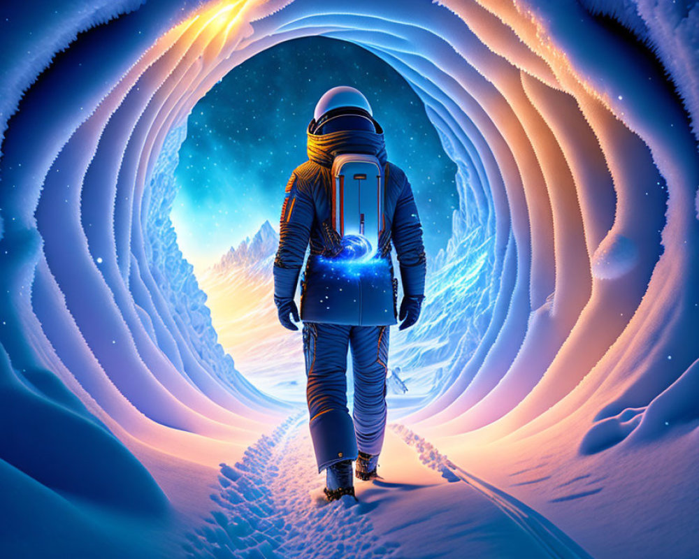 Astronaut at glowing spiral tunnel on icy alien planet