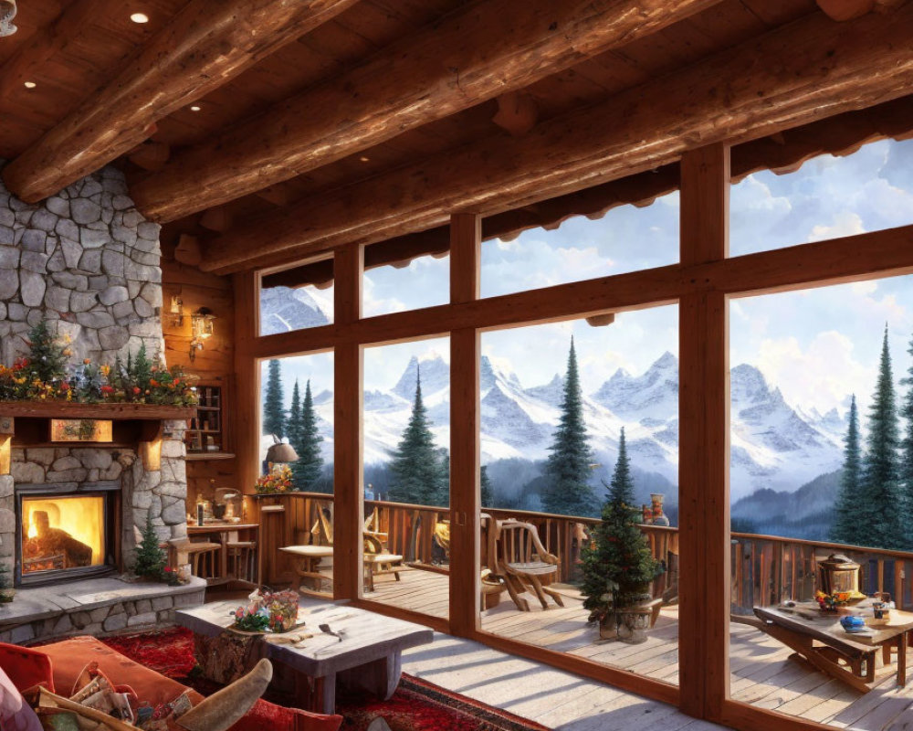 Warm Wooden Interior with Fireplace, Snowy Mountain Views, Christmas Decorations