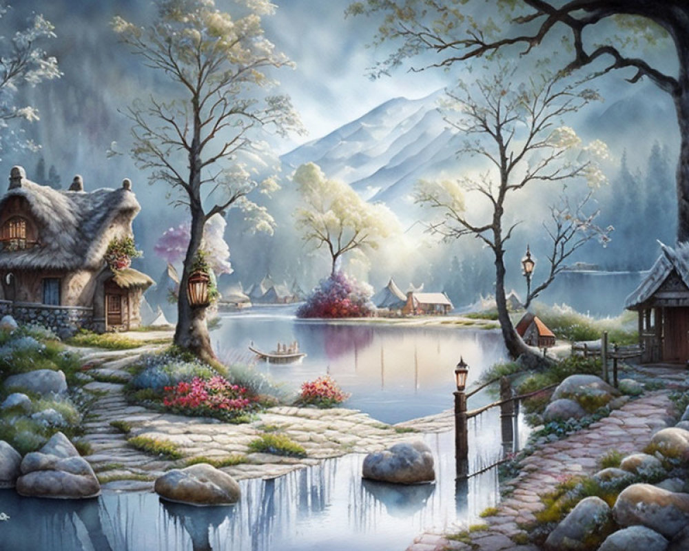 Tranquil village scene with thatched cottages, serene lake, mountains, and blossoming flora