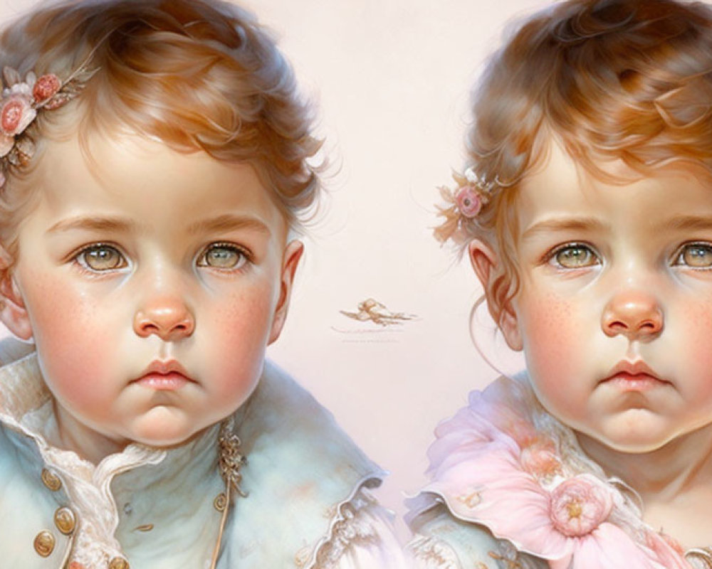 Illustrated toddlers with blue eyes, flowers in hair, vintage attire gaze softly.
