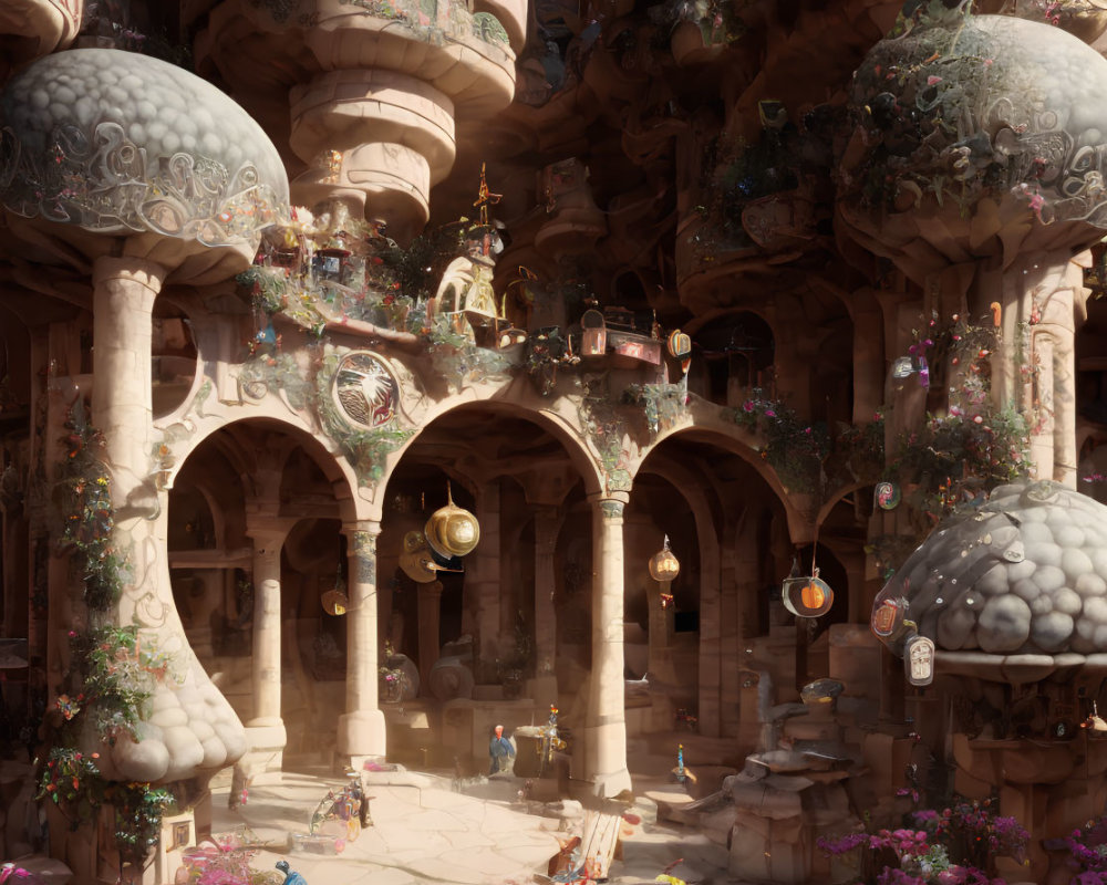 Fantastical courtyard with mushroom-shaped structures and lanterns under warm light