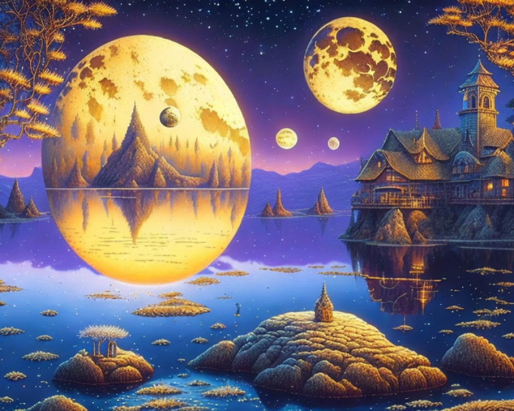 Majestic moonlit landscape with castle, lake, and starry sky