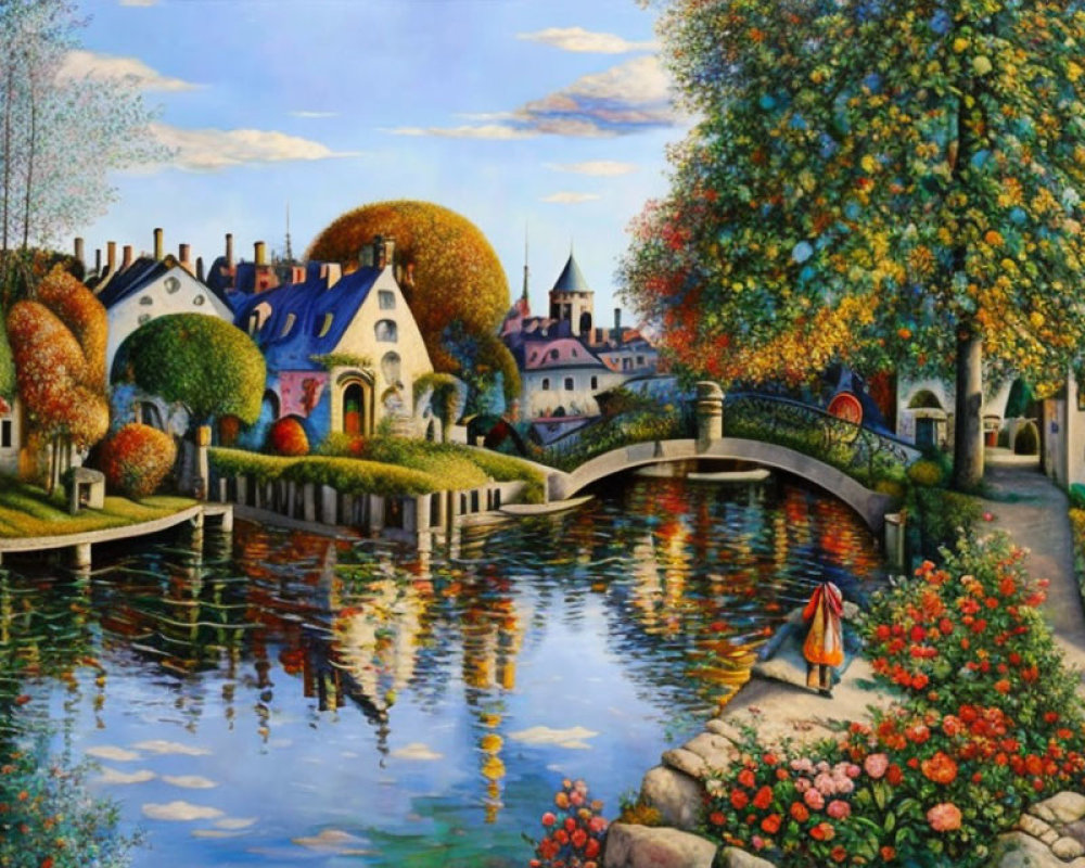 Colorful riverside village painting with autumn trees and reflection.
