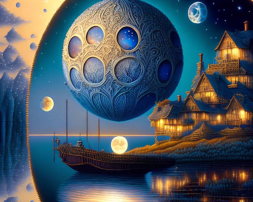 Fantastical night scene with ornate moon, ship, and houses in vibrant blue and gold hues