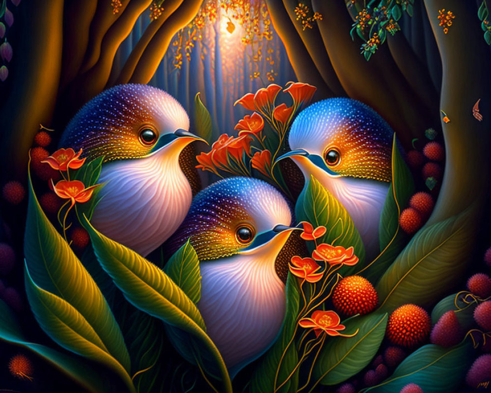 Colorful birds in lush foliage with glowing light