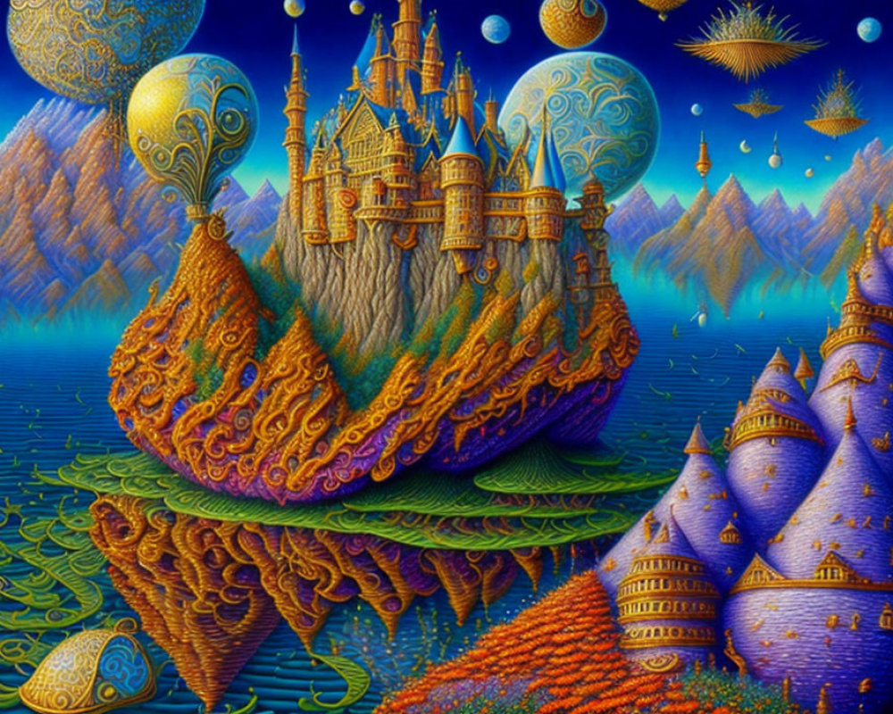 Fantastical landscape with floating castles, mountains, and starlit sky