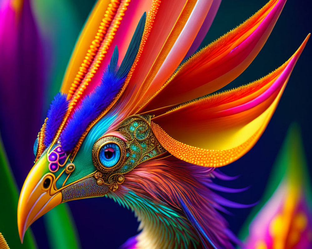 Colorful Bird with Mechanical Eye and Vibrant Feathers