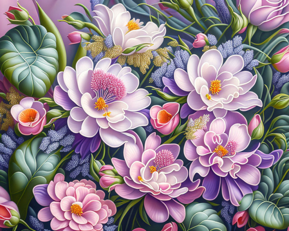 Colorful Blooming Flowers Illustration in Pink, Purple, and White