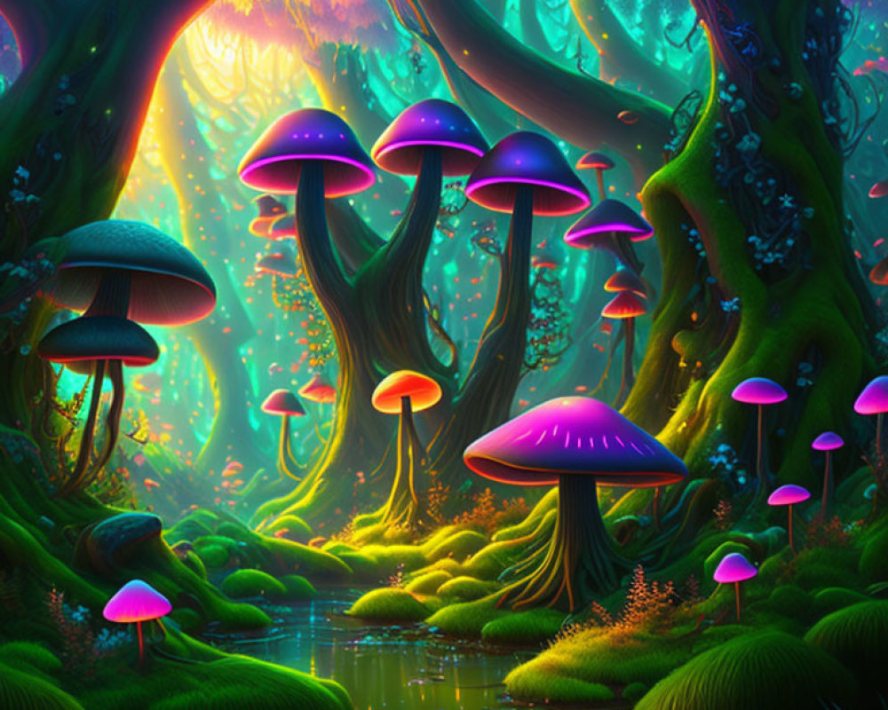 Enchanting fantasy forest with oversized glowing mushrooms and magical trees